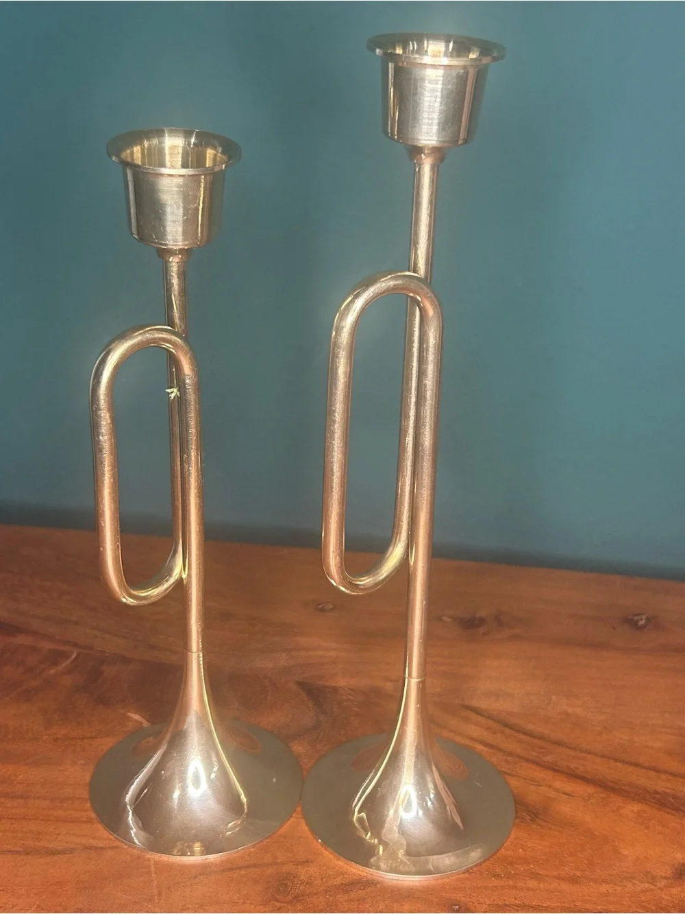 Set of 2 Metallic Brass Trumpet Candle Holders